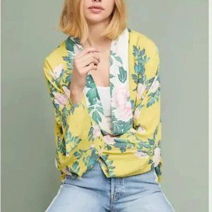 Anthropologie Elma Open Front Rose Print Yellow Kimono